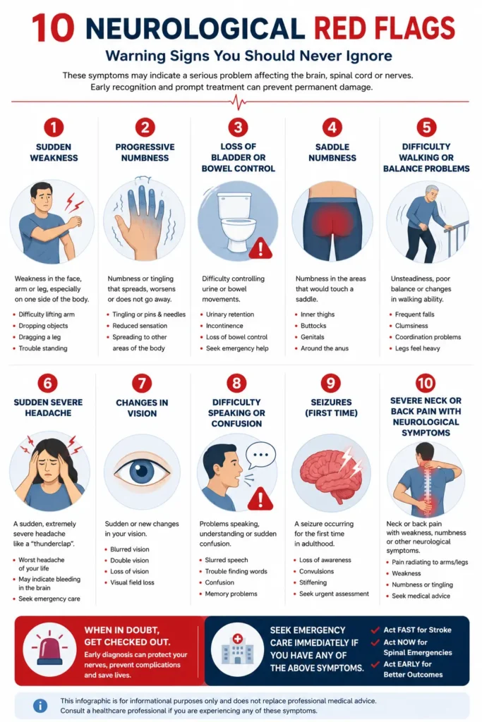 Infographic showing the ten neurological warning signs that require urgent medical assessment.