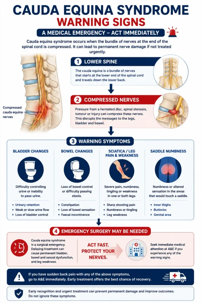 Infographic explaining the warning signs of cauda equina syndrome and when emergency treatment is needed.