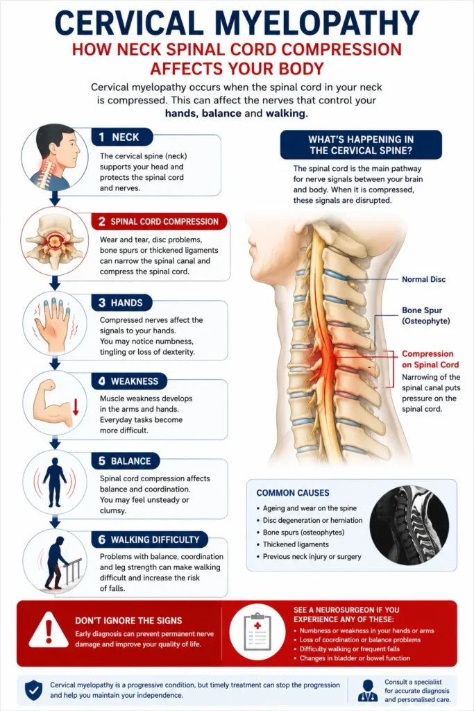 Infographic showing how cervical spinal cord compression can affect the hands, balance and walking.