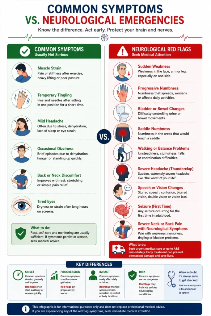 Infographic comparing common neurological symptoms with emergency warning signs.