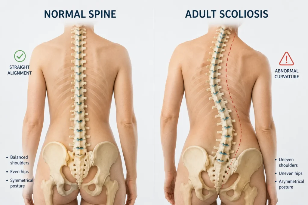 Adult scoliosis causing abnormal sideways curvature of the spine