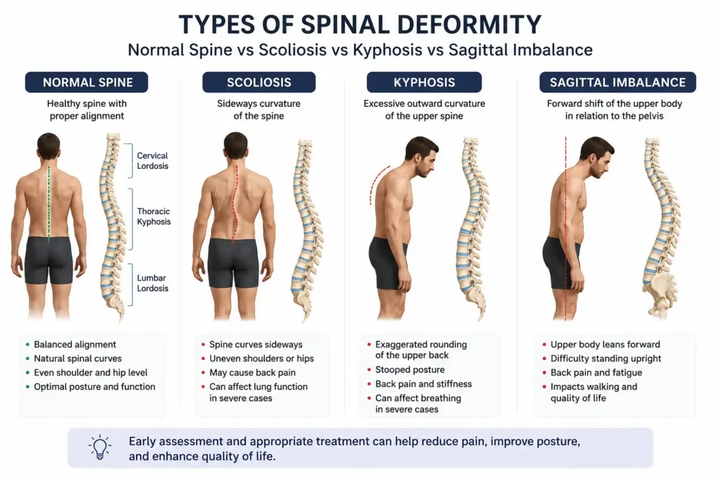 Types of spinal deformity including scoliosis kyphosis and sagittal imbalance