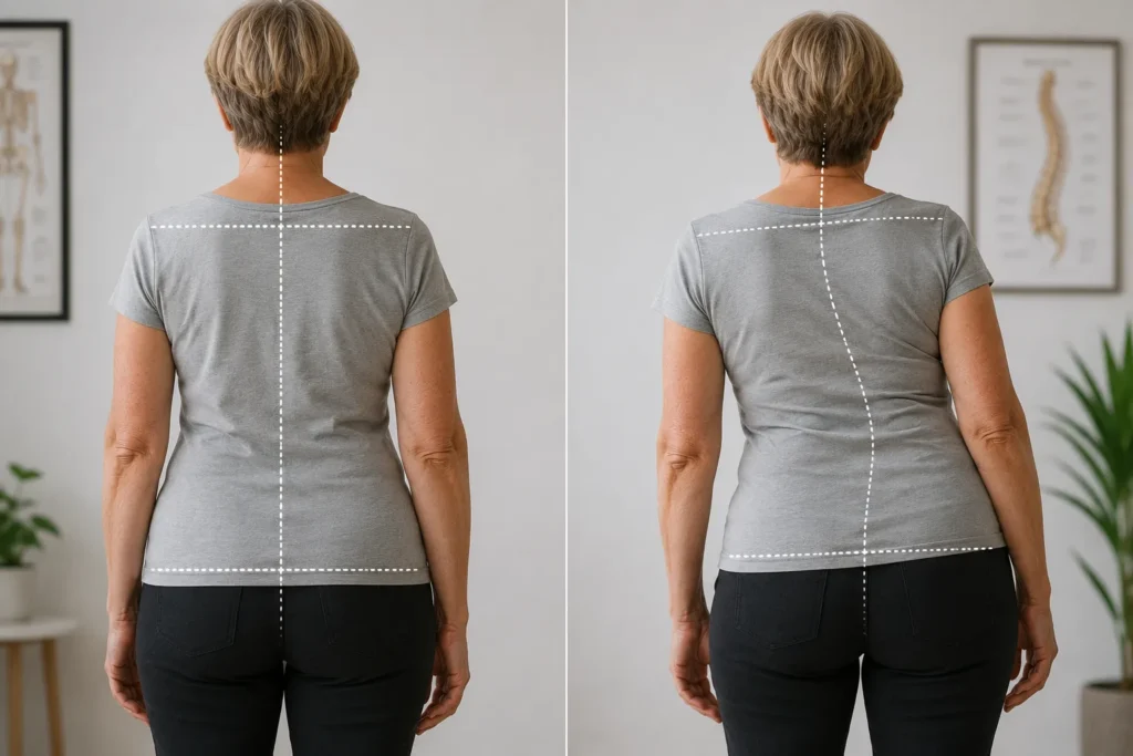Adult scoliosis causing visible postural changes and imbalance
