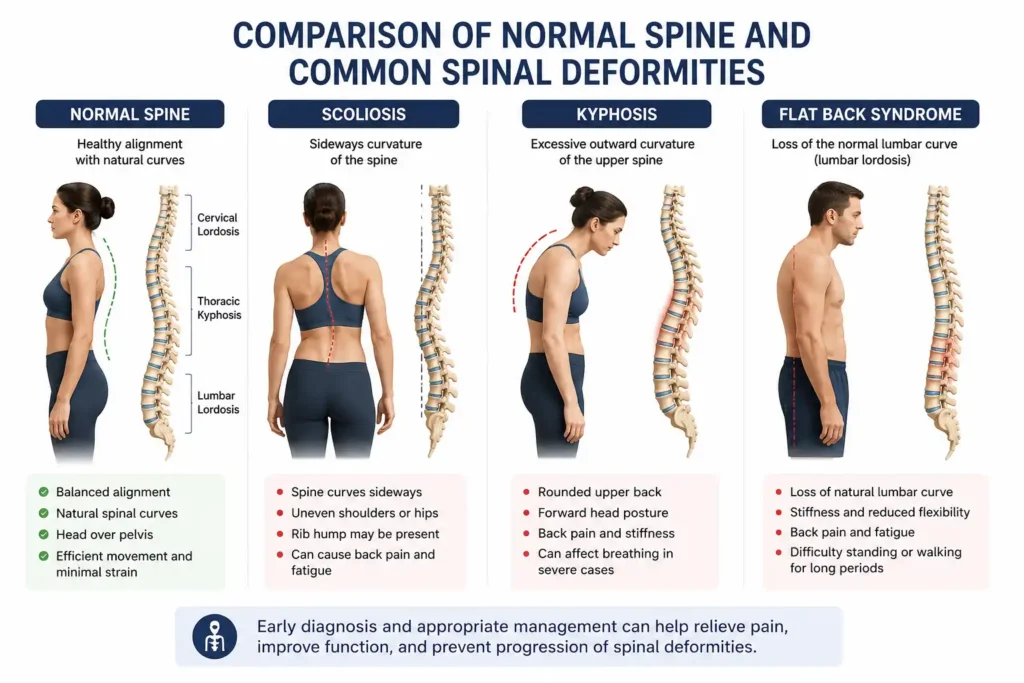 Comparison of normal spine and common spinal deformities