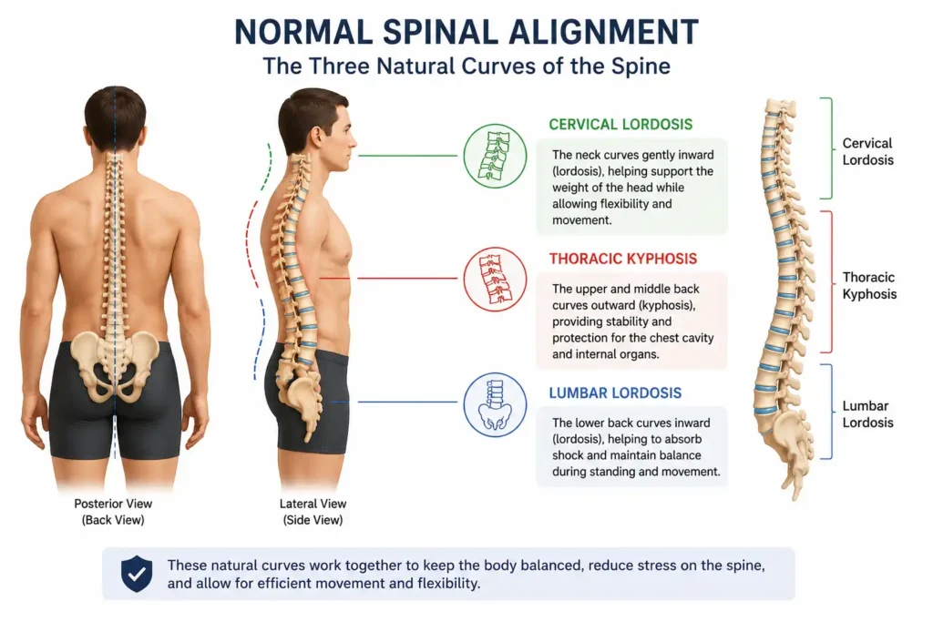 Normal spinal alignment showing cervical thoracic and lumbar curves