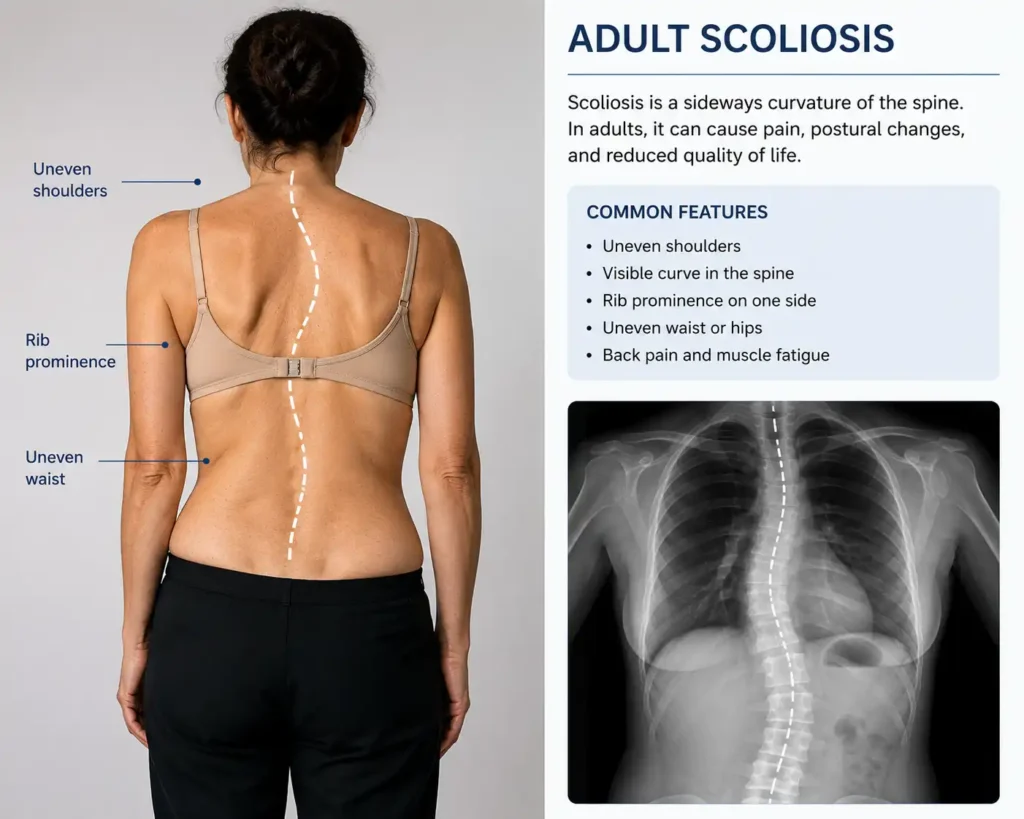 Adult scoliosis causing abnormal sideways curvature of the spine