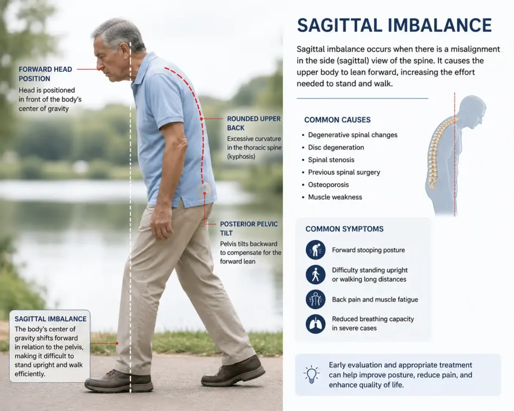 Sagittal imbalance causing forward stooping posture in an adult