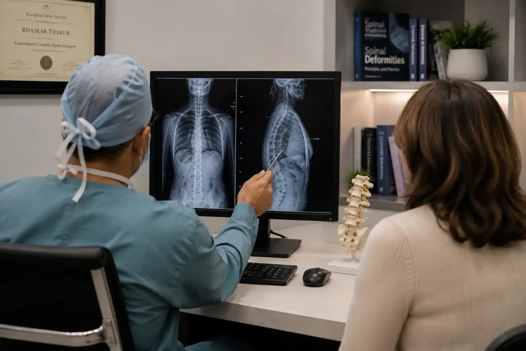 Mr Bhaskar Thakur assessing spinal alignment using diagnostic imaging