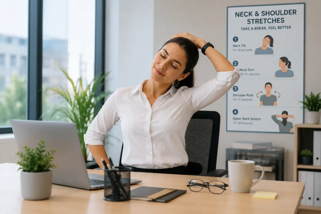 Office worker performing gentle neck and shoulder stretches during a work break