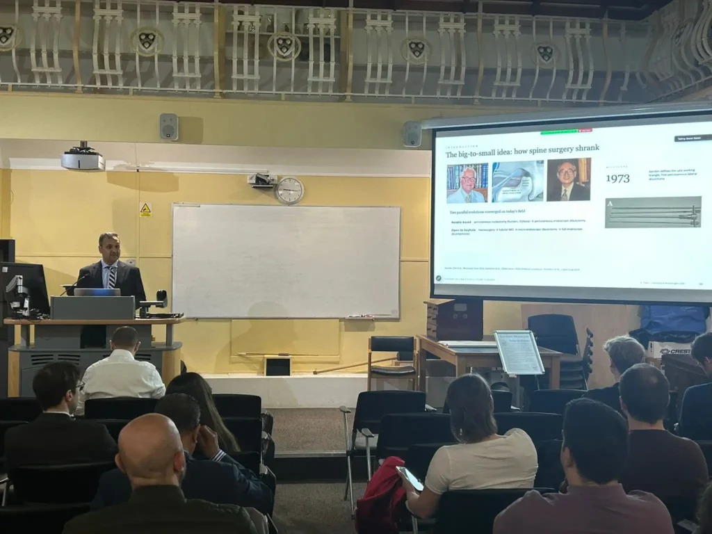 Presentation discussing the evolution of endoscopic spine surgery at the Gordon Museum, King's College London