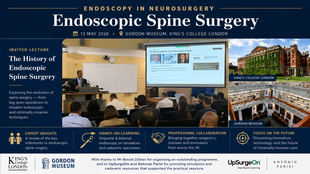 Mr Bhaskar Thakur delivering an invited lecture on the history of endoscopic spine surgery at King's College London