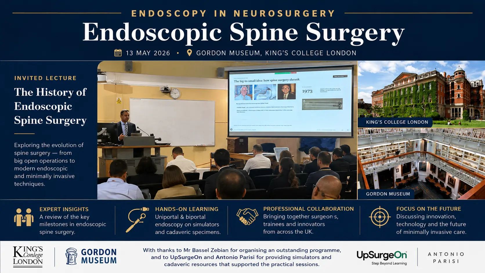 Mr Bhaskar Thakur delivering an invited lecture on the history of endoscopic spine surgery at King's College London