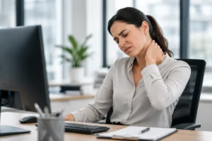 Woman with neck pain at desk