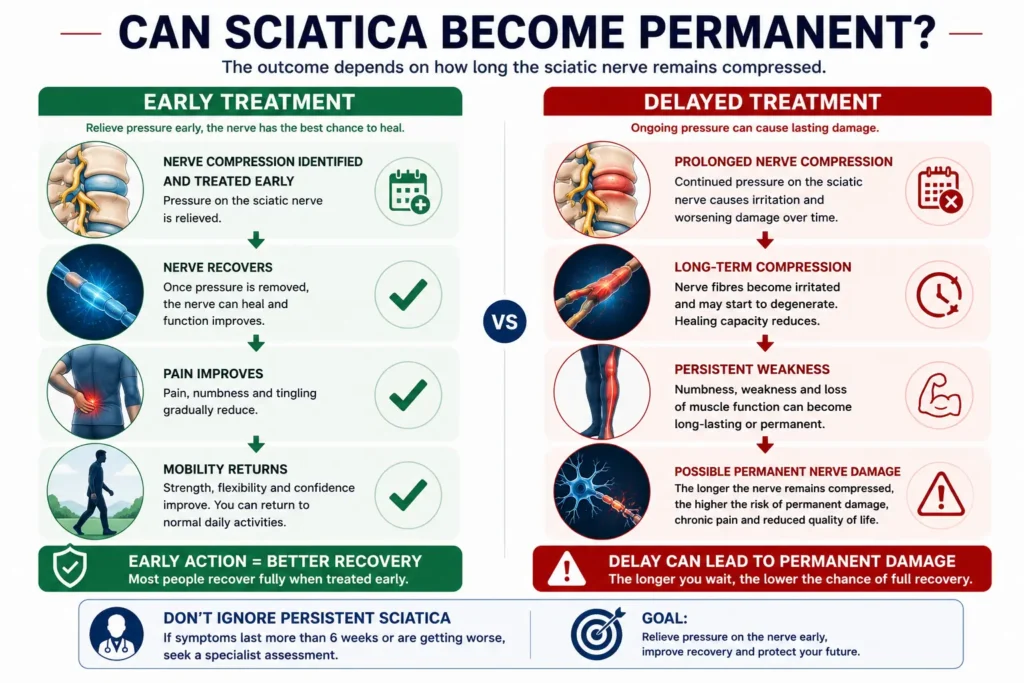 Comparison infographic showing how early treatment of sciatica improves recovery while prolonged nerve compression increases the risk of permanent nerve damage.