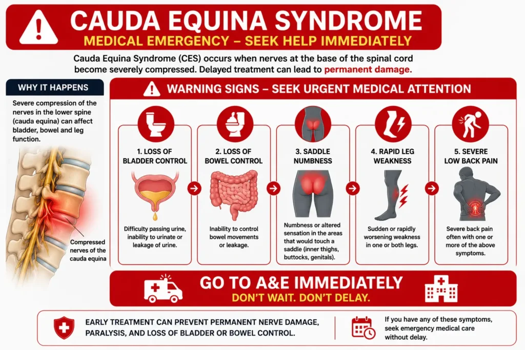 Infographic highlighting emergency symptoms of cauda equina syndrome including bladder dysfunction, bowel dysfunction, saddle numbness and leg weakness.