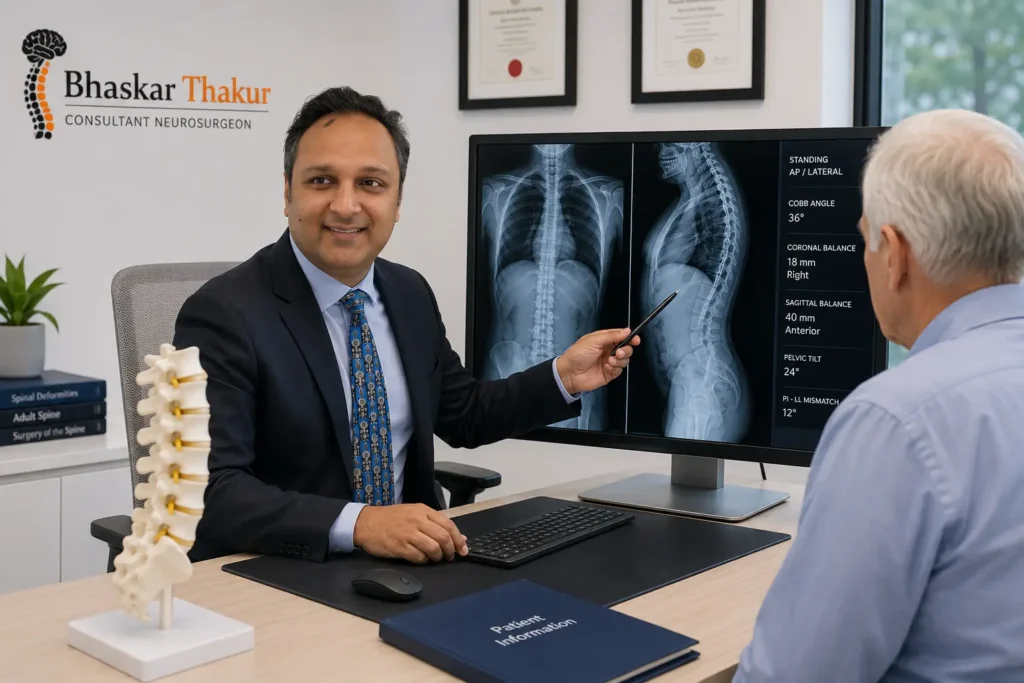 Mr Bhaskar Thakur assessing degenerative scoliosis using standing spinal X-rays