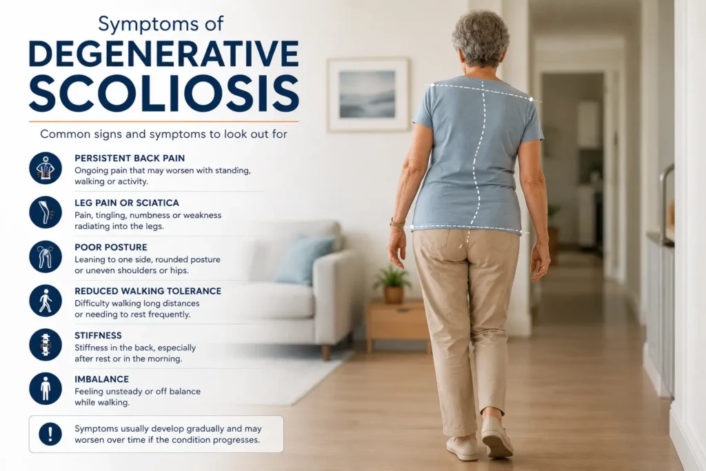 Older adult with postural imbalance caused by degenerative scoliosis