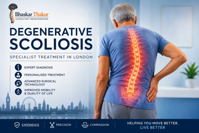 Degenerative scoliosis causing abnormal spinal curvature in an older adult