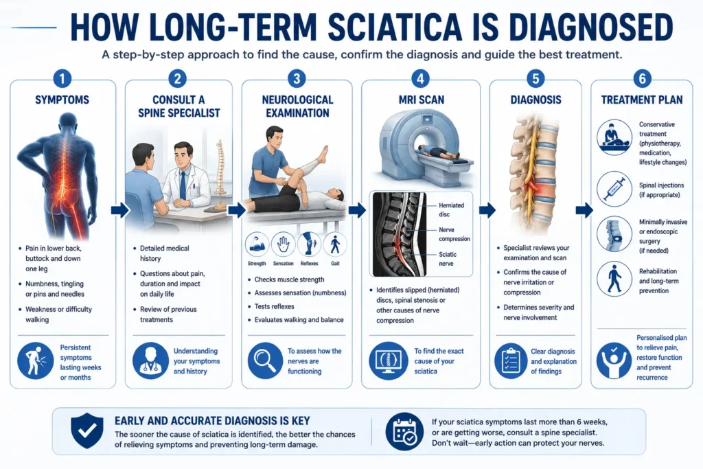Flowchart infographic showing how chronic sciatica is diagnosed through neurological examination, MRI scanning and treatment planning.