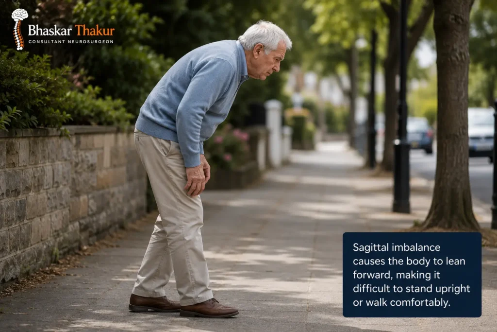 Older adult with forward stooped posture caused by sagittal imbalance