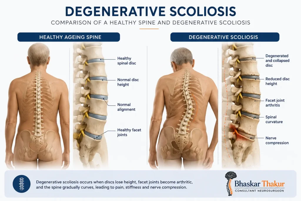 Comparison of a healthy spine and degenerative scoliosis affecting the lower back