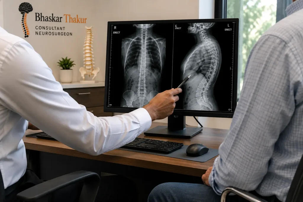 Mr Bhaskar Thakur assessing kyphosis using standing spinal X-rays