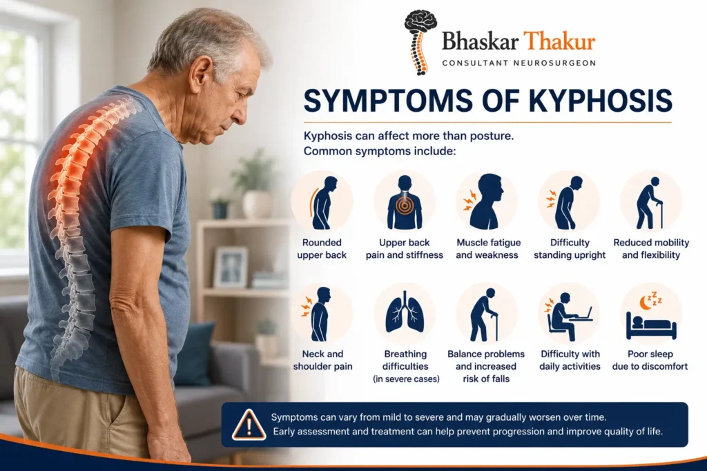 Older adult with rounded upper back caused by thoracic kyphosis