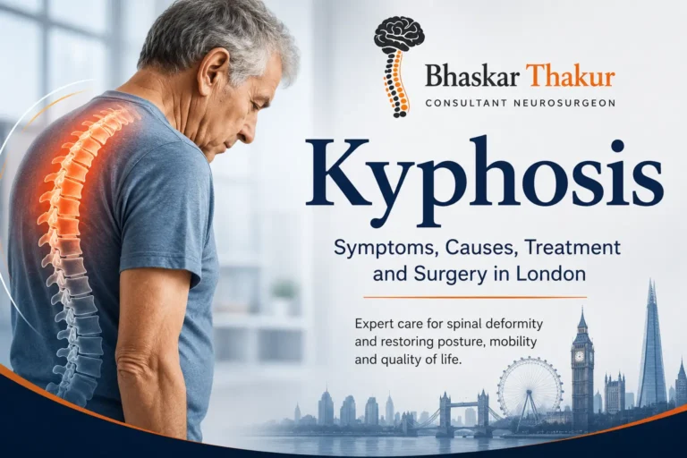 Kyphosis causing excessive forward curvature of the upper spine in an adult