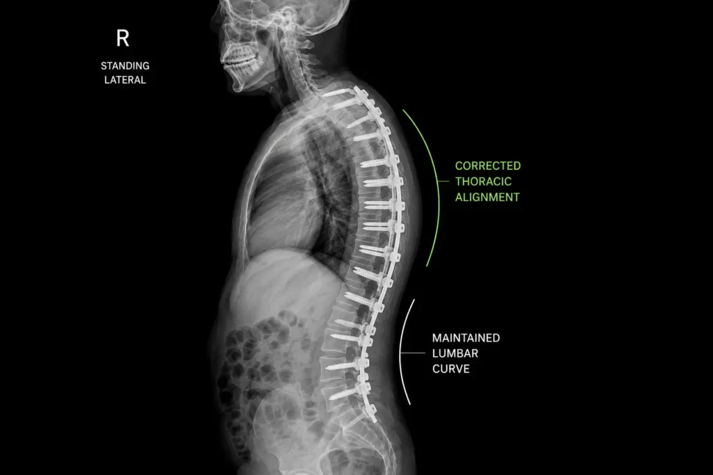 Standing X-ray showing excessive thoracic kyphosis before corrective surgery