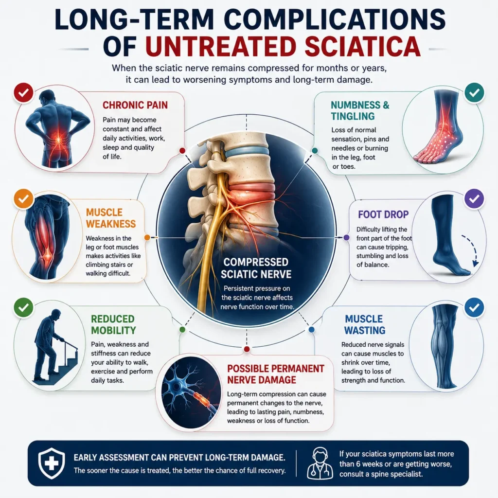 Infographic illustrating the long-term complications of untreated sciatica including chronic pain, numbness, muscle weakness, foot drop and reduced mobility.