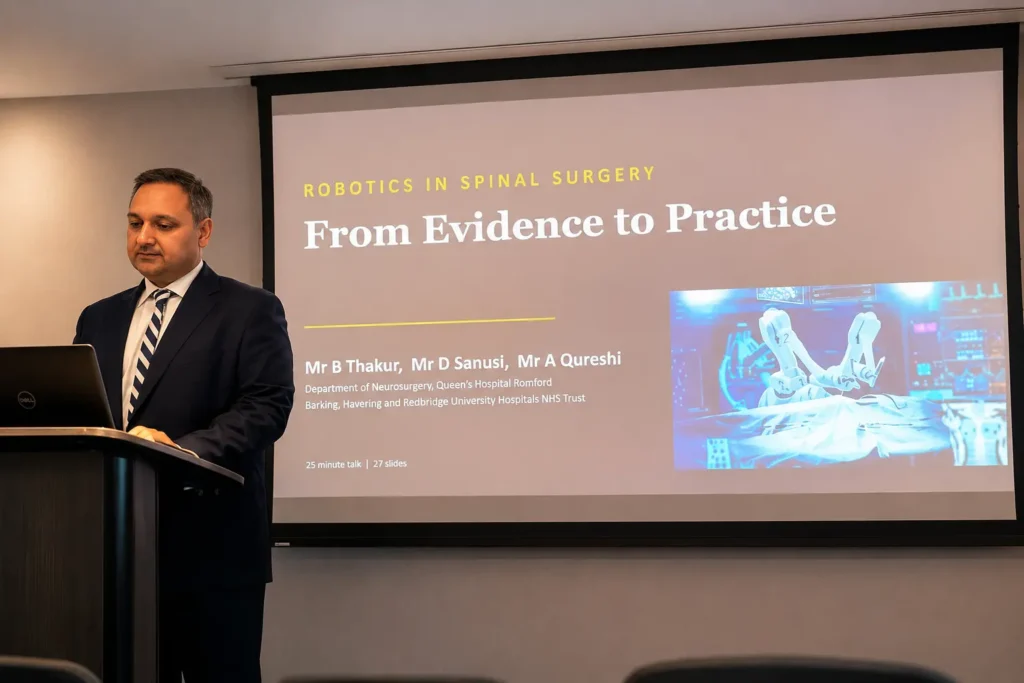 Mr Bhaskar Thakur presenting advances in complex spine surgery and spinal deformity treatment