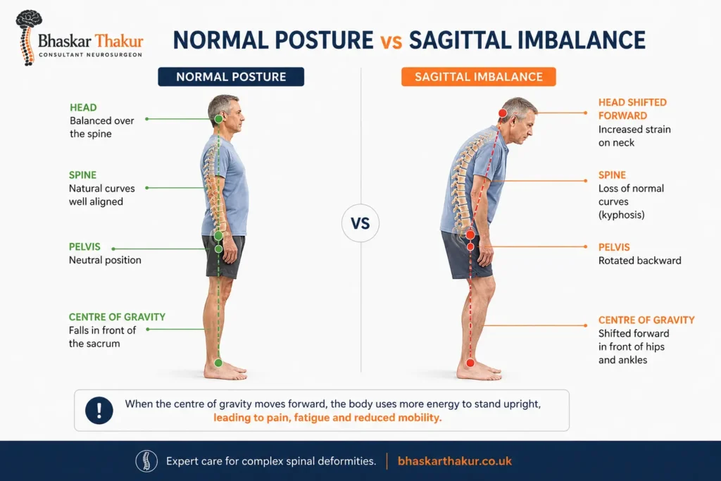 Comparison of normal spinal alignment and sagittal imbalance causing forward stooped posture