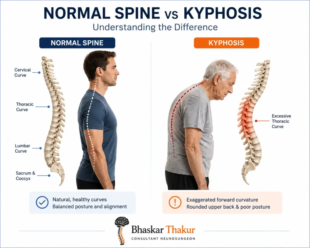 Comparison of a normal thoracic spine and kyphosis with excessive forward curvature
