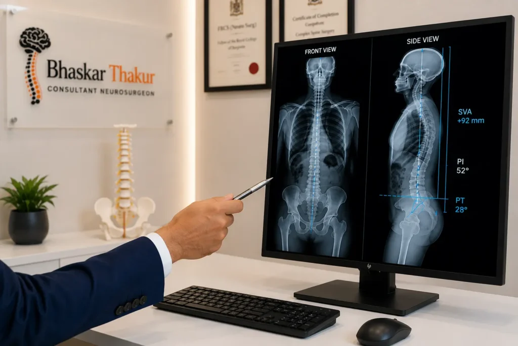 Mr Bhaskar Thakur reviewing standing spinal X-rays for sagittal imbalance assessment
