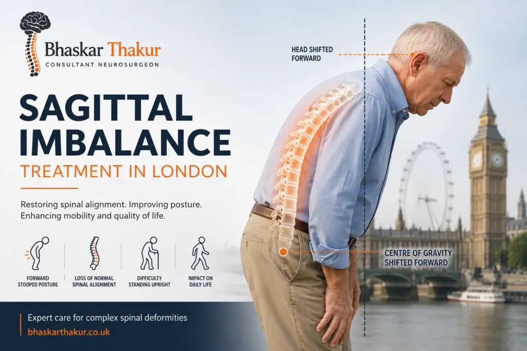 Sagittal imbalance causing forward stooped posture in an older adult