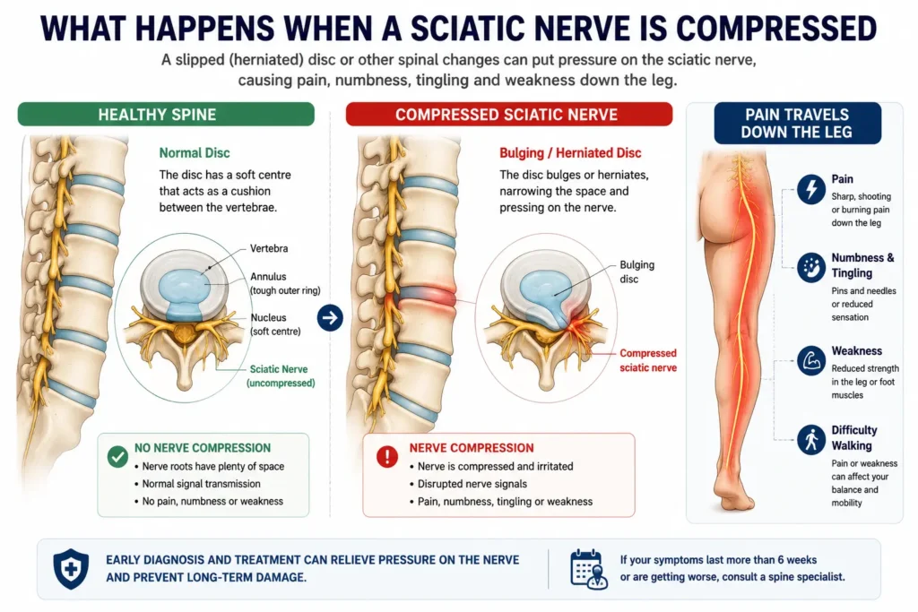 Medical infographic showing a slipped disc compressing the sciatic nerve and causing pain, numbness and weakness in the leg.