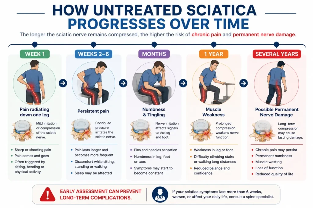 Timeline infographic showing how untreated sciatica can progress from mild leg pain to chronic pain, numbness, muscle weakness and permanent nerve damage.