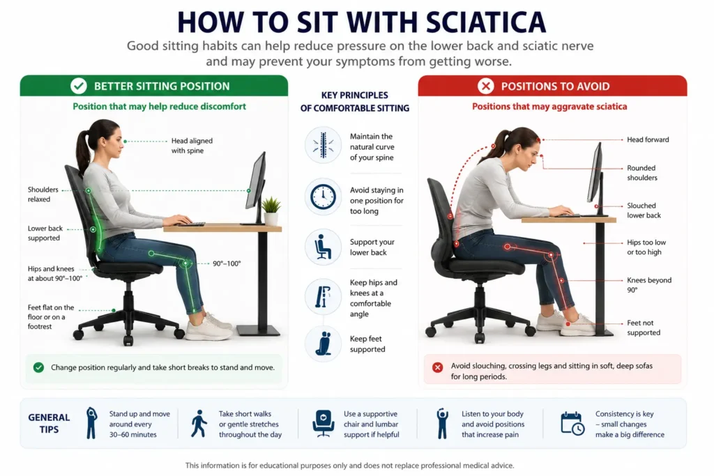 Illustration showing sitting positions that may help reduce sciatica discomfort Illustration showing sitting positions that may help reduce sciatica discomfort