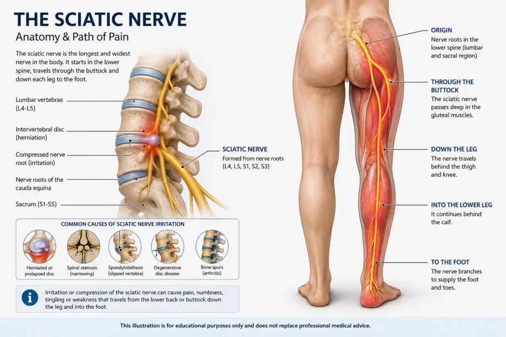 Illustration of the sciatic nerve and lumbar spine Illustration of the sciatic nerve and lumbar spine