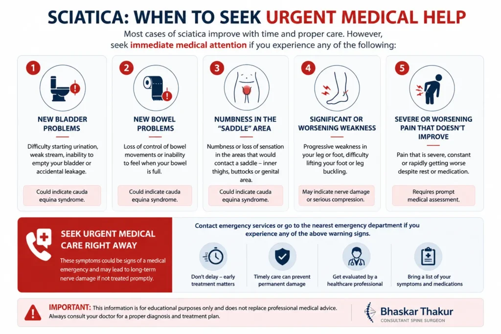Warning signs requiring urgent medical assessment for sciatica Warning signs requiring urgent medical assessment for sciatica