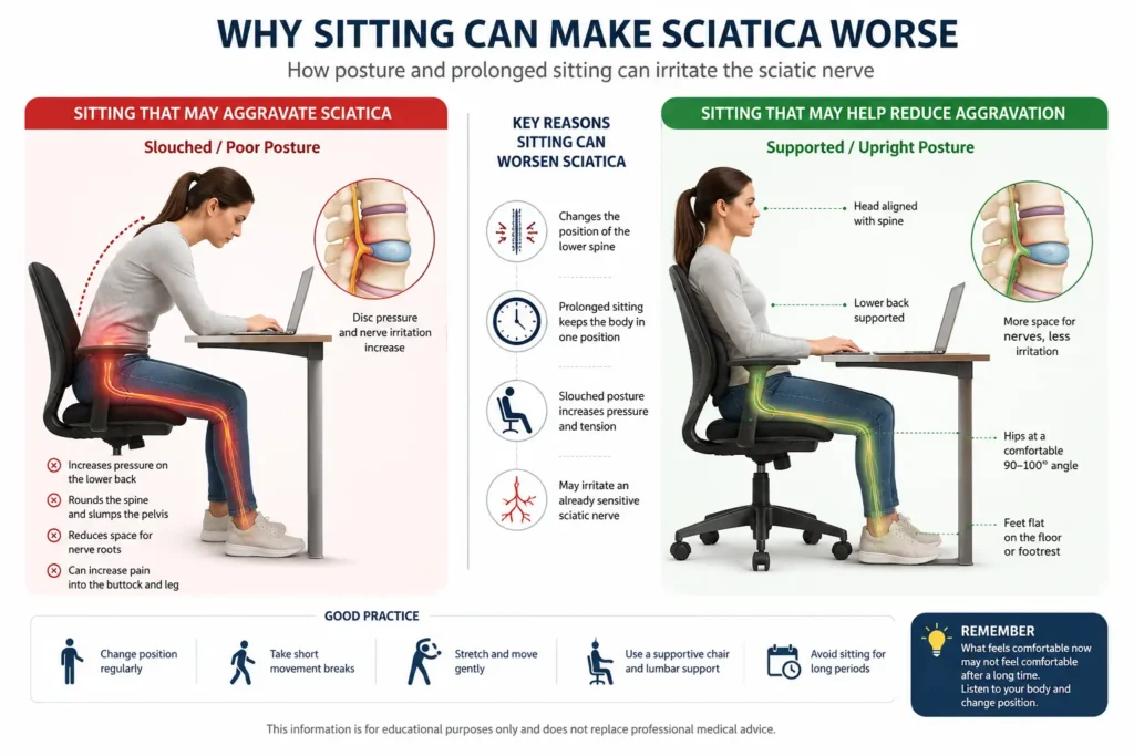 Illustration showing how sitting posture can aggravate sciatica symptoms Illustration showing how sitting posture can aggravate sciatica symptoms