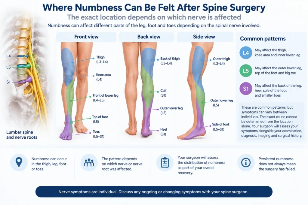Illustration showing areas of leg, foot and toe numbness after spine surgery