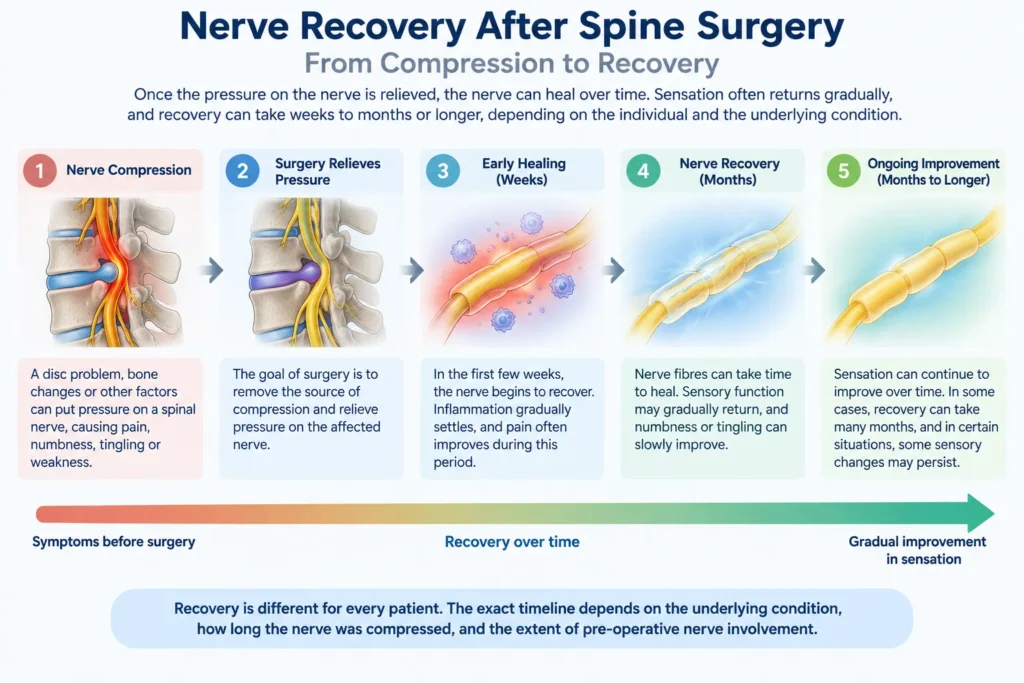 Illustration showing gradual nerve recovery after spine surgery