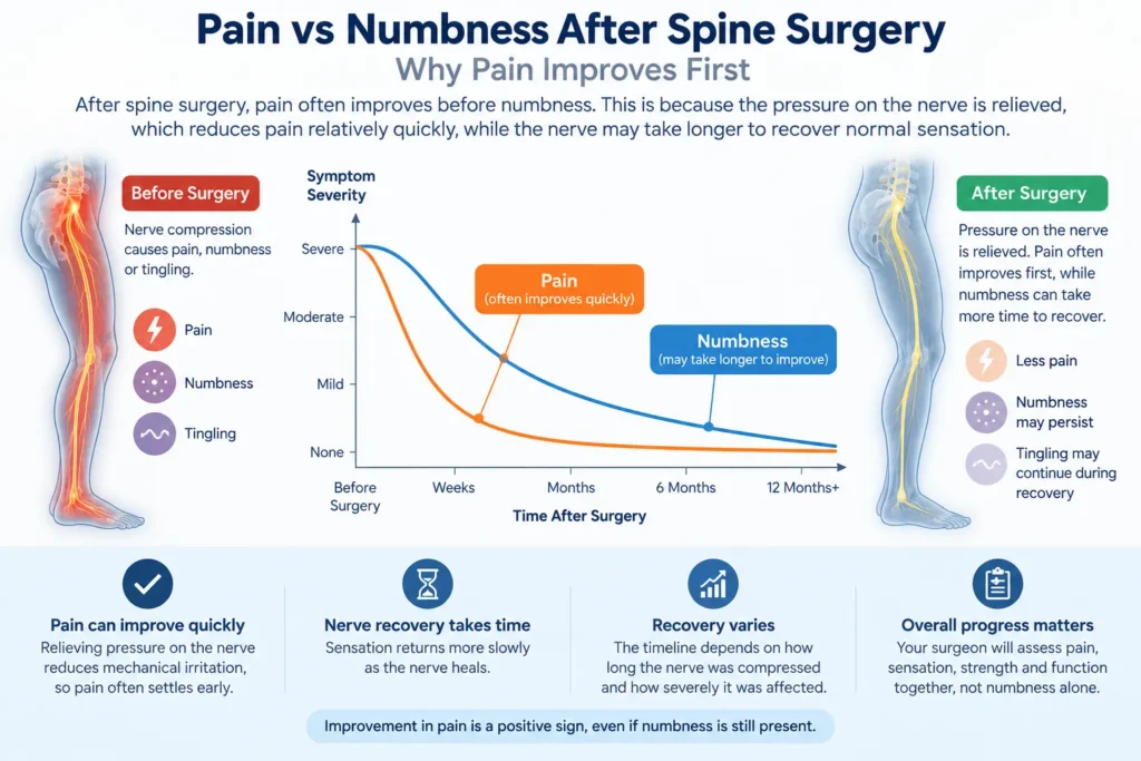 Illustration showing pain improving before numbness during recovery after spine surgery