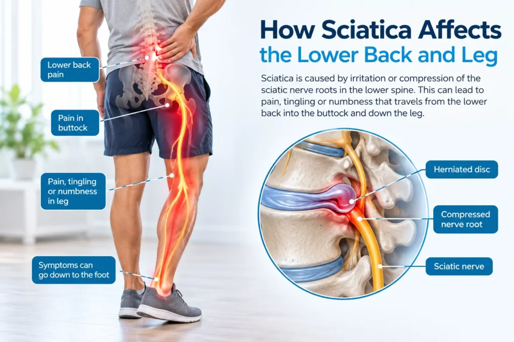 Simple illustration showing the sciatic nerve pathway from the lower back into the leg