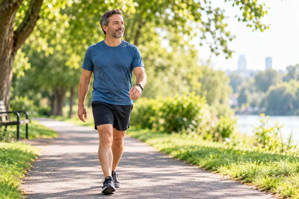 Adult walking comfortably outdoors as part of a regular activity routine