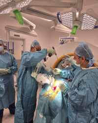 Robotic guidance supports precise and minimally invasive spinal procedures. Robotic-assisted spinal surgery procedure in progress