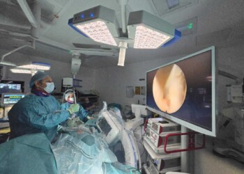Close-up view of endoscopic spine procedure displayed on monitor during surgery